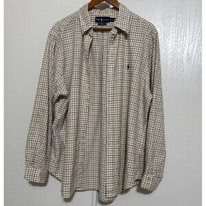Vintage Ralph Lauren Shirt Mens XL 17.5 Cream Plaid Long Sleeve Button Down
